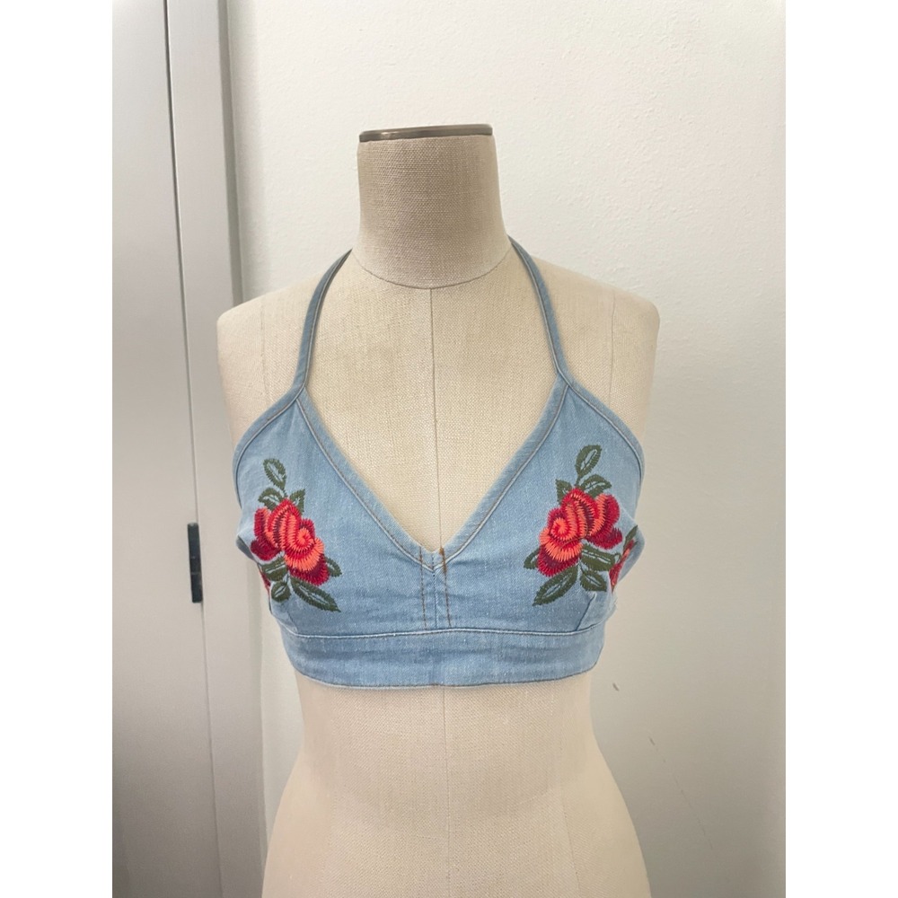 Essue Bralette Halter Top Women M Denim Floral Festival Rave Rodeo Cropped